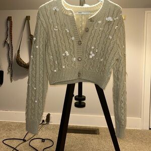 Zara Cropped Green Embellished Sweater
